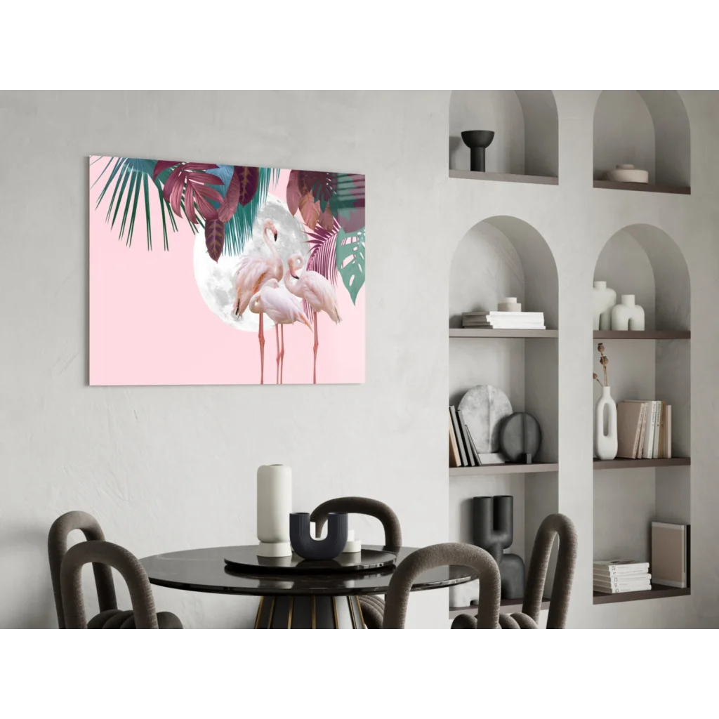 Vibrant pink flamingo wall art canvas with moon, leaves, tropical paradise