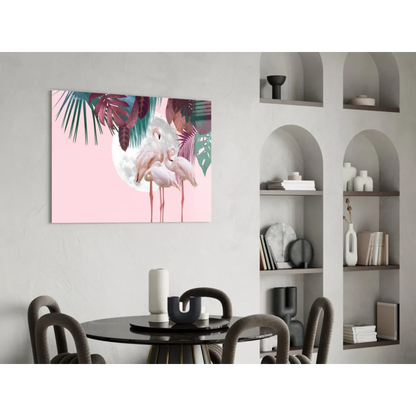 Vibrant pink flamingo wall art canvas with moon, leaves, tropical paradise
