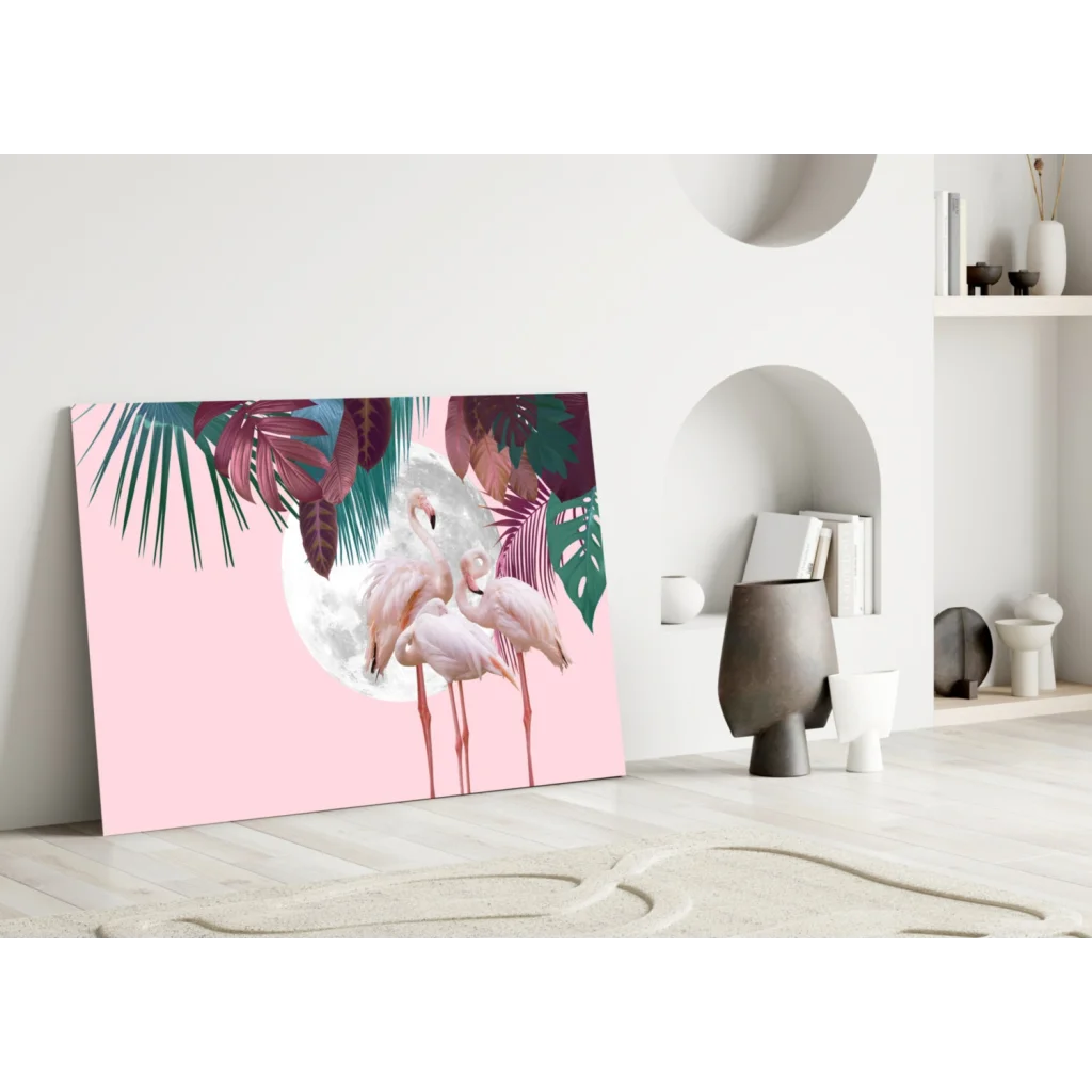 Vibrant pink tropical flamingo wall art canvas with moon and leaves