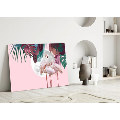 Vibrant pink tropical flamingo wall art canvas with moon and leaves