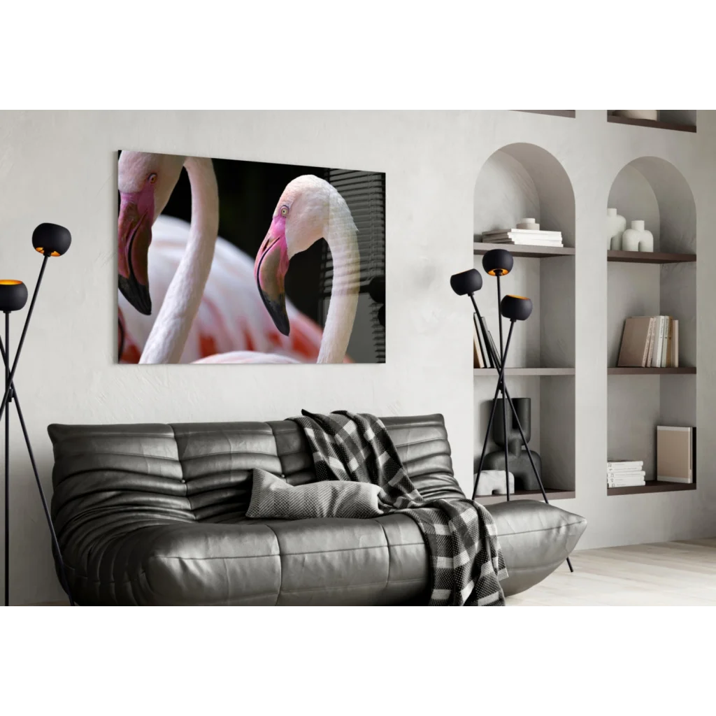 Stunning pink flamingo glass wall art canvas print with slender necks