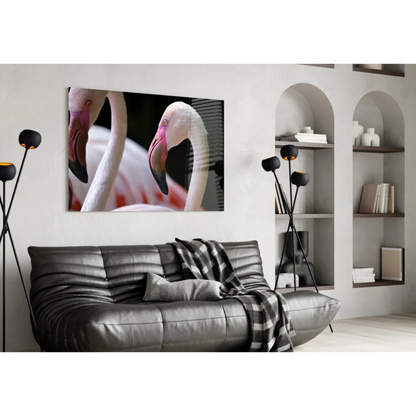 Stunning pink flamingo glass wall art canvas print with slender necks