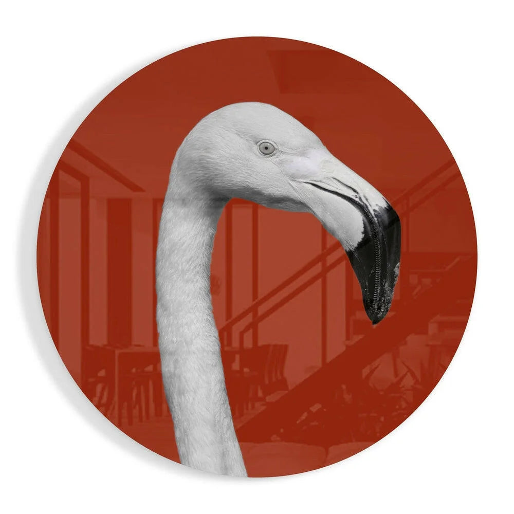 Monochrome flamingo head with zipper beak on tempered glass art, red circle background