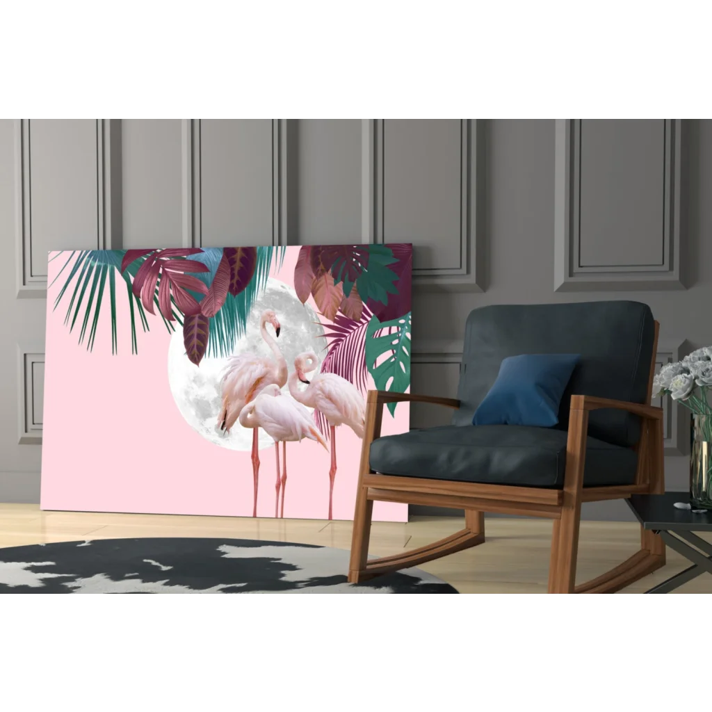 Vibrant pink flamingo wall art canvas with moon and tropical leaves