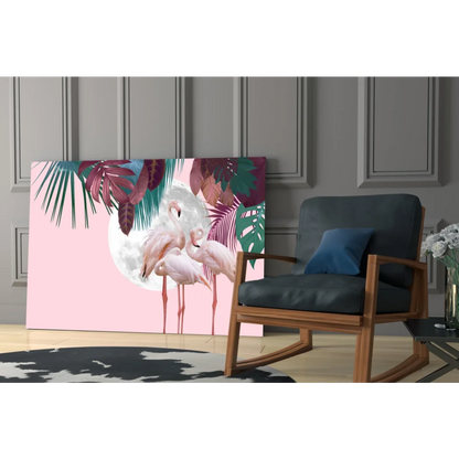 Vibrant pink flamingo wall art canvas with moon and tropical leaves