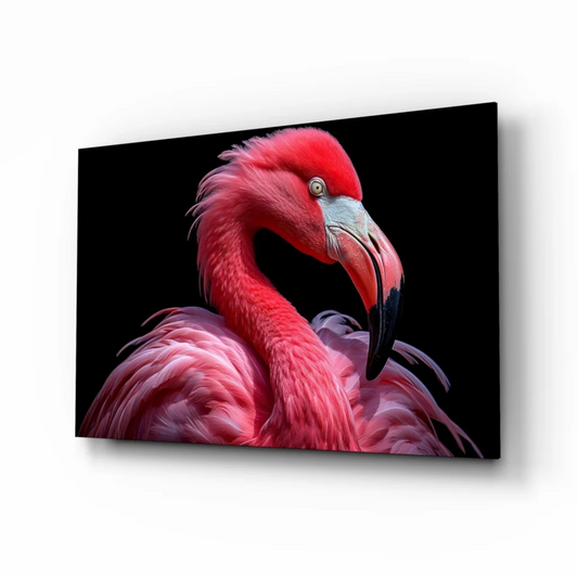 Vibrant pink flamingo glass wall art on sleek black canvas