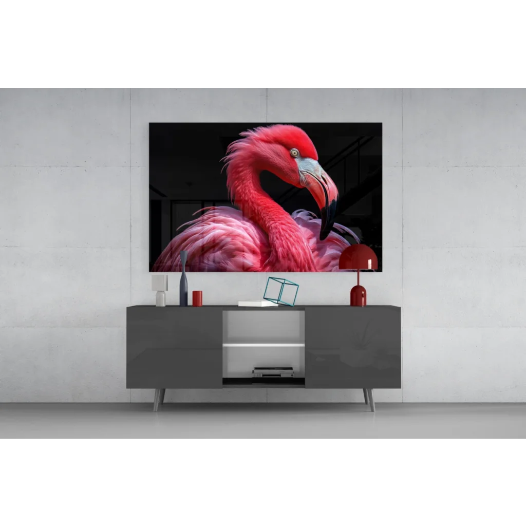 Vibrant pink flamingo glass wall art on sleek black canvas
