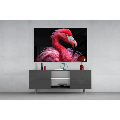 Vibrant pink flamingo glass wall art on sleek black canvas
