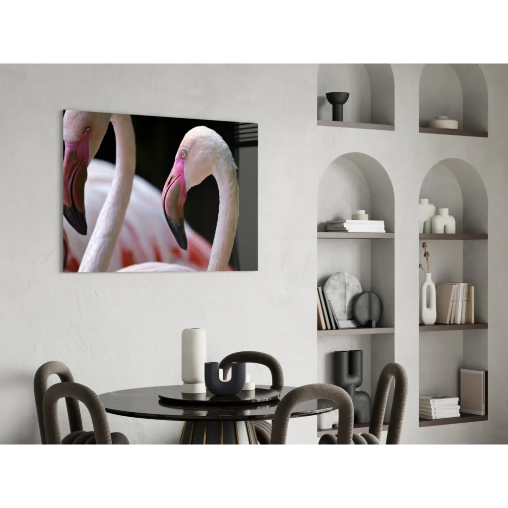 Close-up pink flamingos on stunning glass wall art canvas print