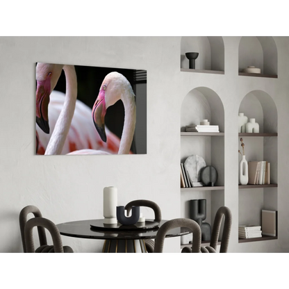Close-up pink flamingos on stunning glass wall art canvas print
