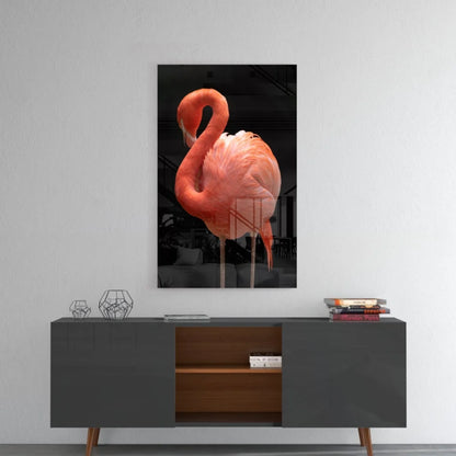 Vibrant pink flamingo glass wall art on black canvas print
