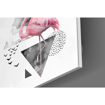 Vibrant pink flamingo on tempered glass art with geometric patterns