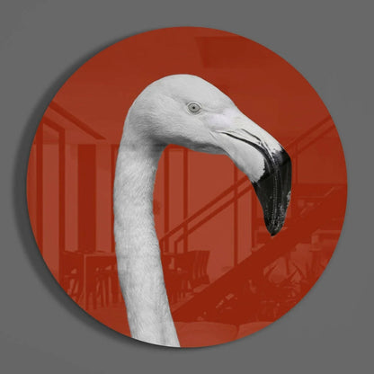 Monochrome flamingo head on tempered glass art with bold red circle background
