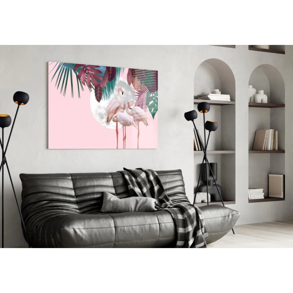 Vibrant pink tropical flamingo wall art canvas with moon and leaves