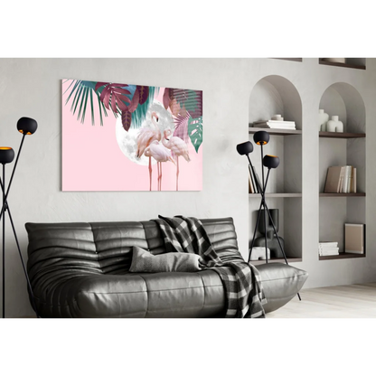 Vibrant pink tropical flamingo wall art canvas with moon and leaves