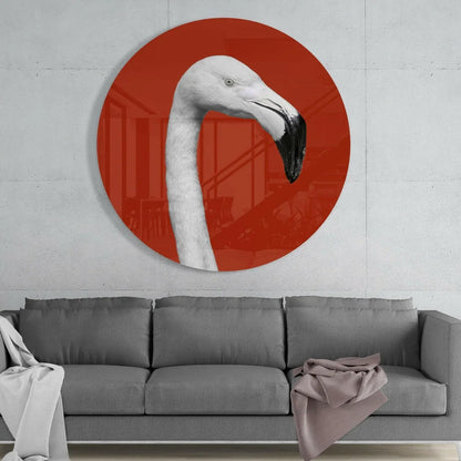 Striking white flamingo tempered glass art on bold red circle background