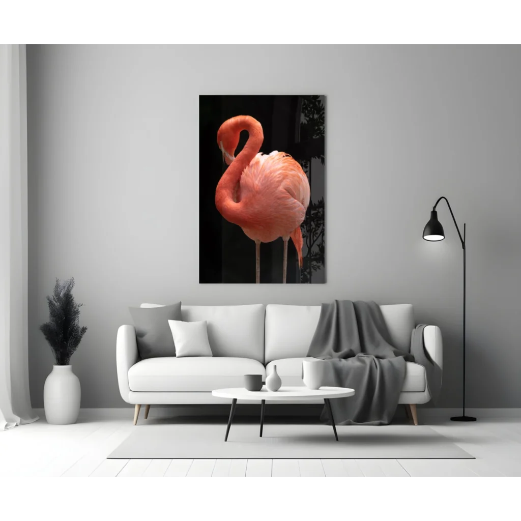 Vibrant pink flamingo glass wall art on black canvas against gray wall