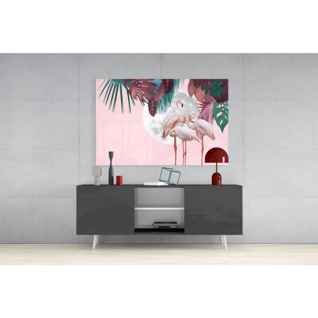 Tropical flamingo paradise canvas wall art with moon, leaves, pink birds, green foliage on soft pink background