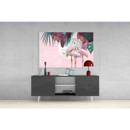 Tropical flamingo paradise canvas wall art with moon, leaves, pink birds, green foliage on soft pink background