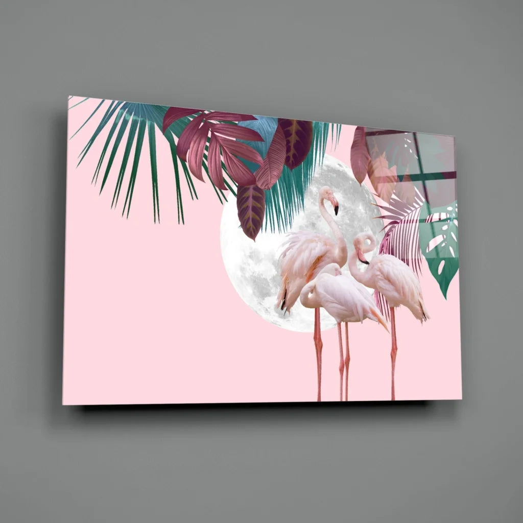Tropical flamingo paradise canvas wall art with moon and leaves