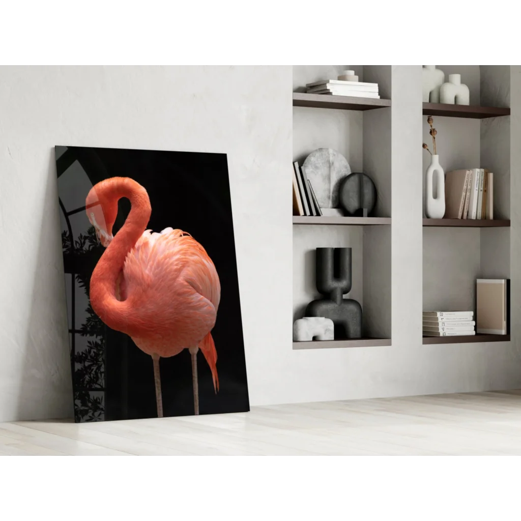 Vibrant pink flamingo glass wall art on sleek black canvas against white wall