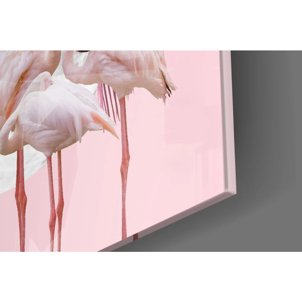 Pink flamingo wall art in sleek white frame with moon and leaves