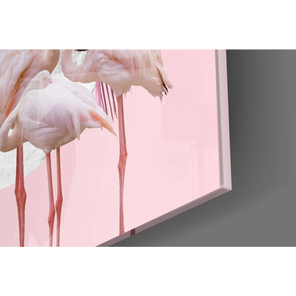 Pink flamingo wall art in sleek white frame with moon and leaves