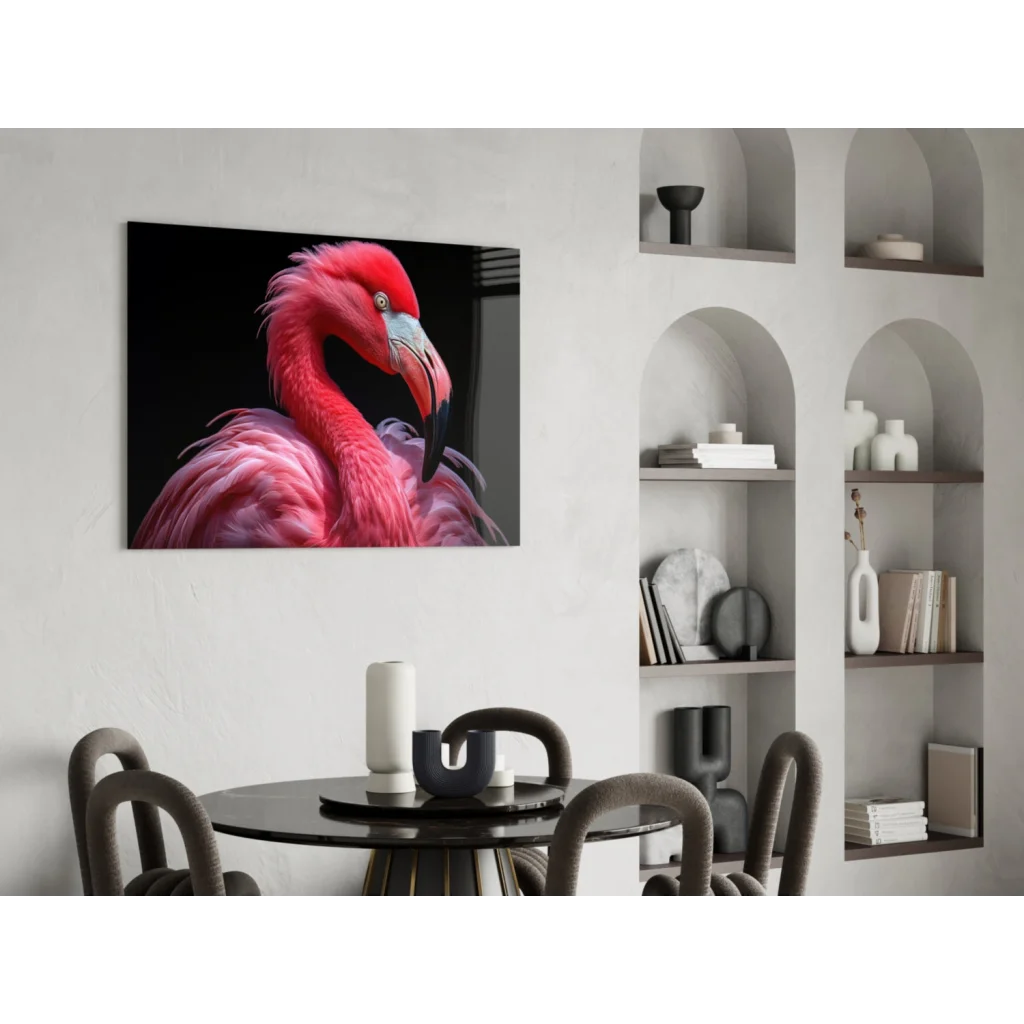 Vibrant pink flamingo glass wall art on black canvas portrait