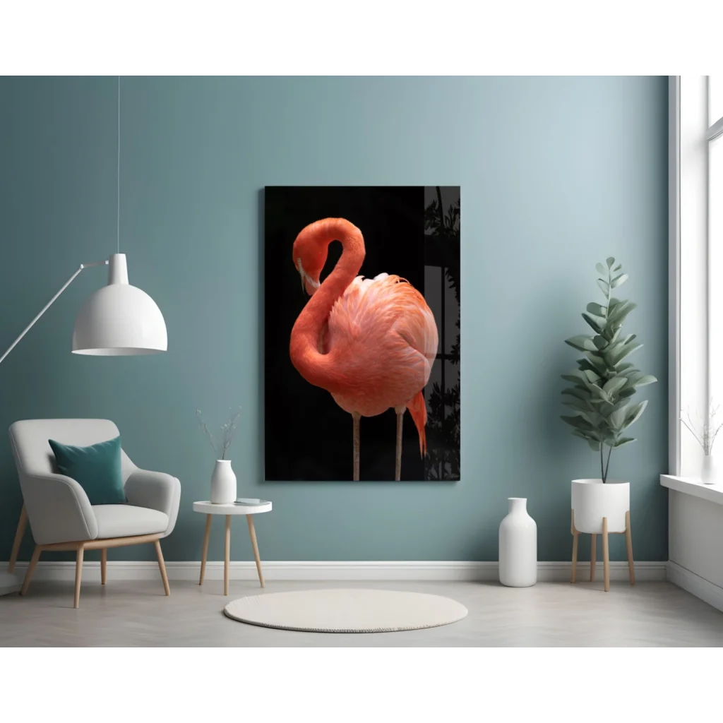 Vibrant pink flamingo glass wall art on sleek black canvas