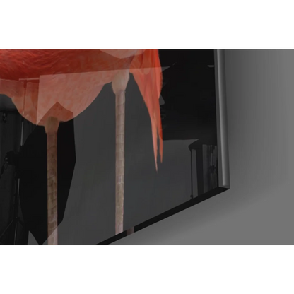 Stunning pink flamingo glass wall art with orange-red canopy on black canvas