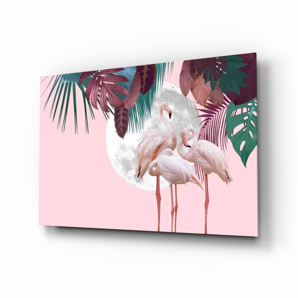 Pink flamingos under full moon with tropical leaves wall art canvas print