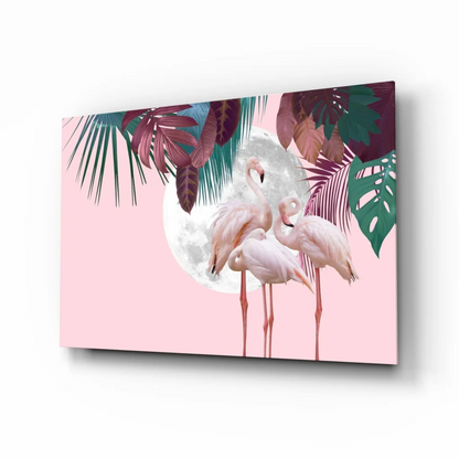 Pink flamingos under full moon with tropical leaves wall art canvas print