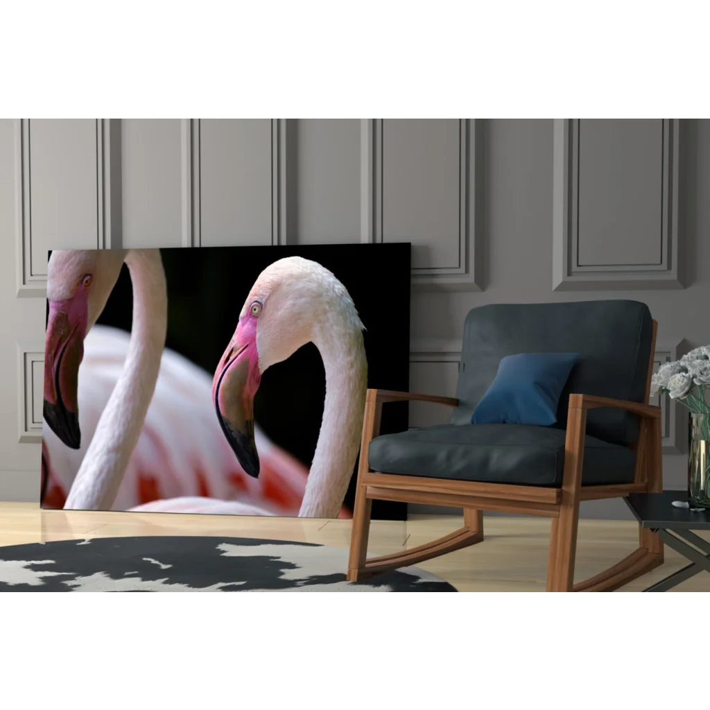 Vibrant pink flamingo glass wall art canvas print with detailed feathers