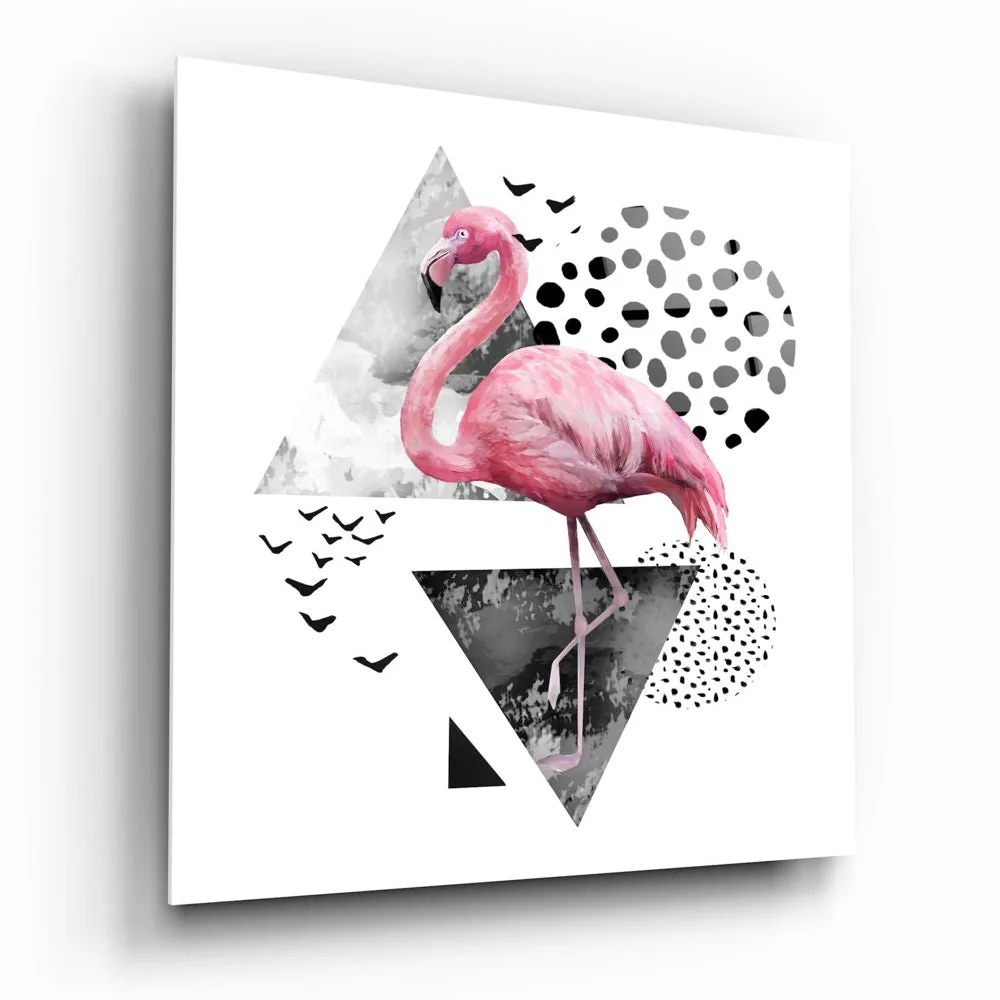 Vibrant pink flamingo on tempered glass art with geometric patterns
