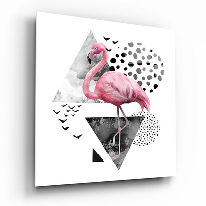 Vibrant pink flamingo on tempered glass art with geometric patterns