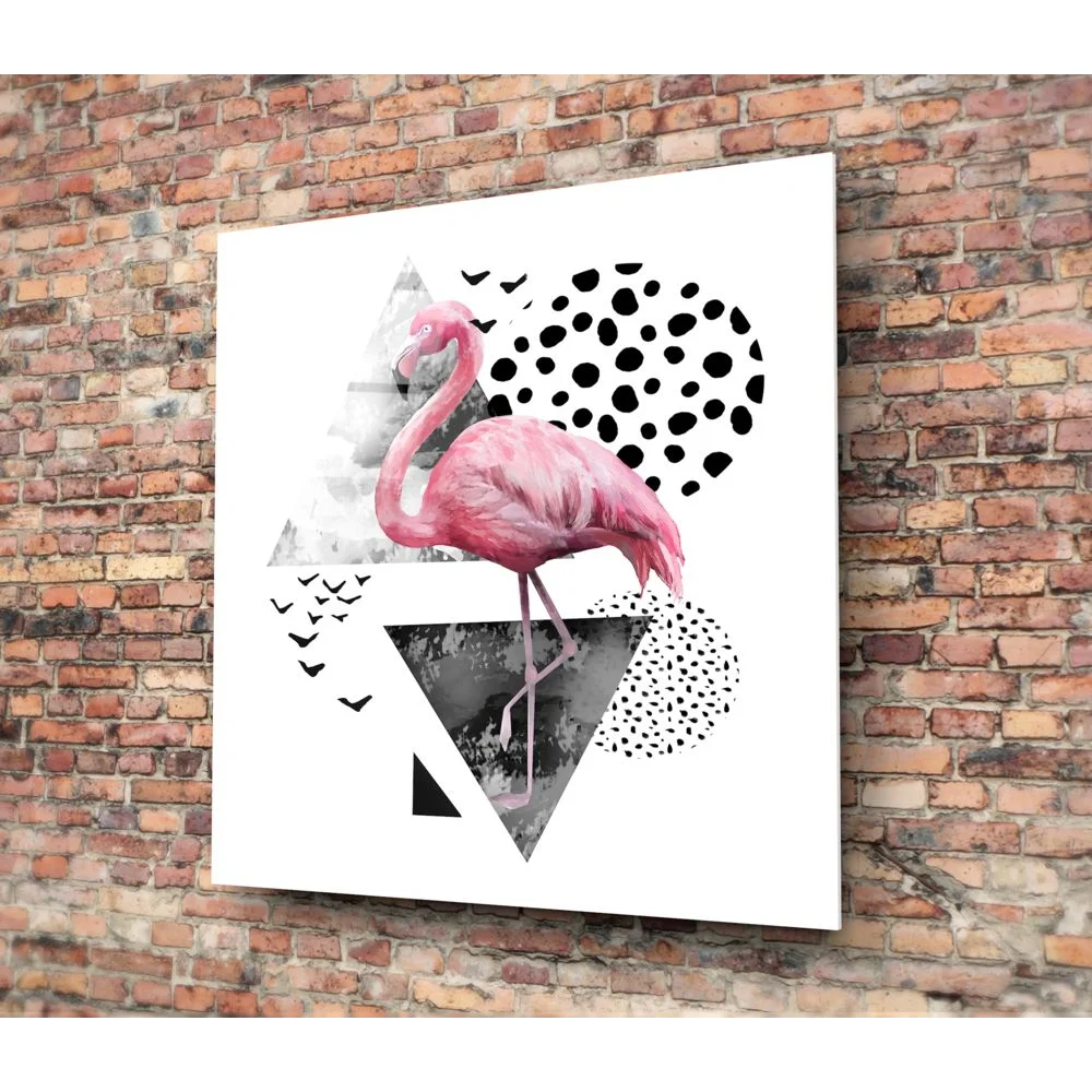 Pink flamingo tempered glass art with geometric shapes