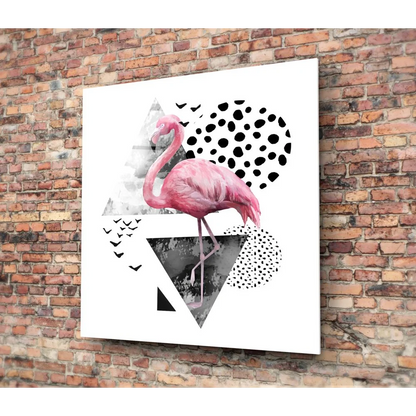 Pink flamingo tempered glass art with geometric shapes
