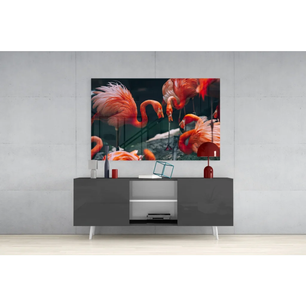 Vibrant pink flamingo wall art on sleek gray console table