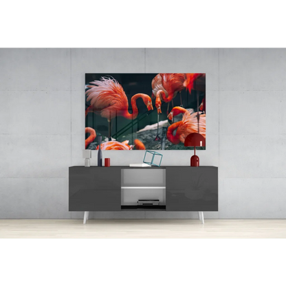 Vibrant pink flamingo wall art on sleek gray console table