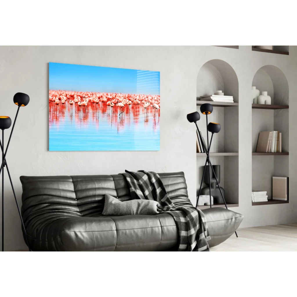 Vibrant pink flamingo flock wall art canvas with blue water reflections