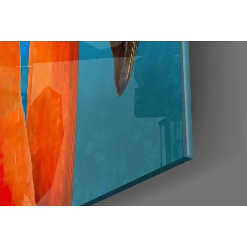 Vibrant orange flamingo glass wall art on teal abstract panel