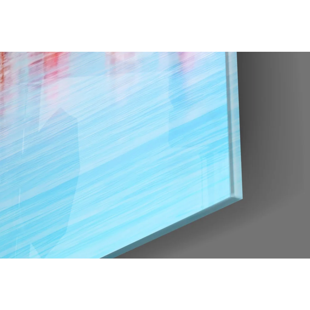 Sleek glass wall art of pink flamingo flock with blue water reflections