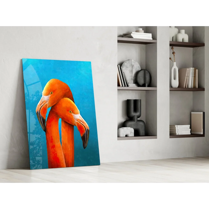 Vibrant orange flamingo glass wall art on bold blue background