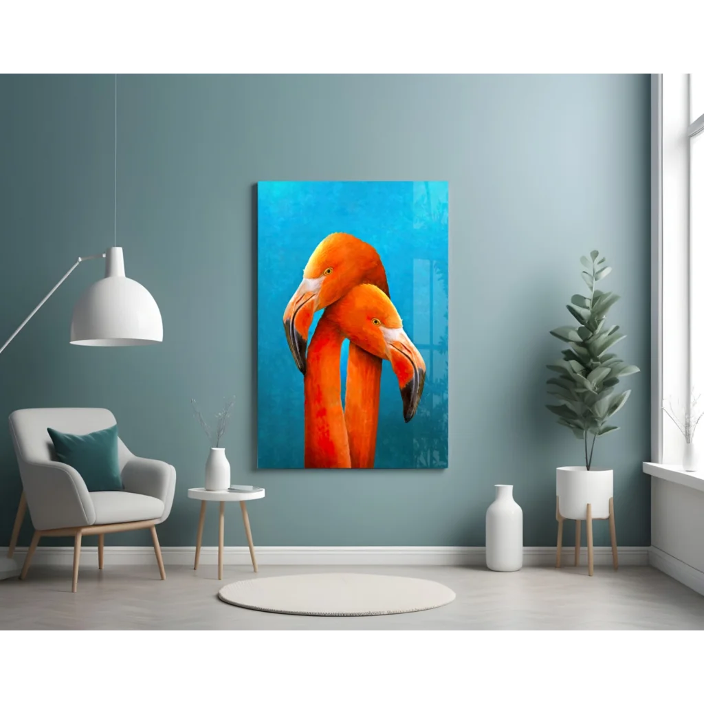 Stunning Orange Flamingo Glass Wall Art on Vibrant Blue | Contemporary Home Wall Art | vintageantiquesgifts.com