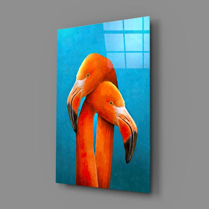 Stunning Orange Flamingo Glass Wall Art on Vibrant Blue | Glass Wall Art Print | vintageantiquesgifts.com