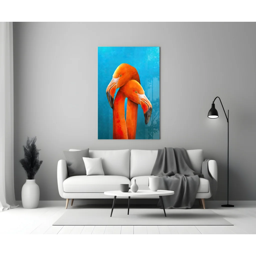 Stunning Orange Flamingo Glass Wall Art on Vibrant Blue | Modern Wall Art Decor | vintageantiquesgifts.com