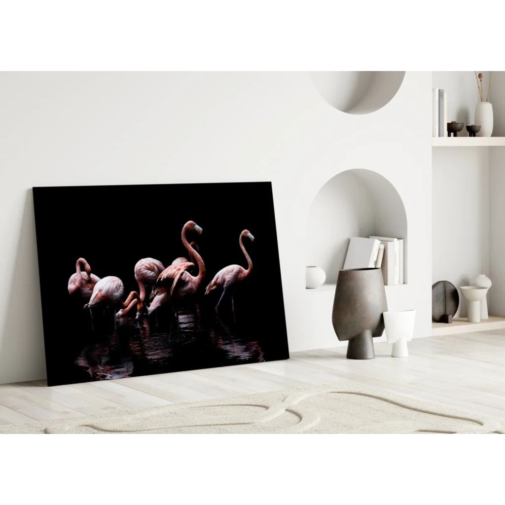 Pink flamingos canvas wall art print in black frame on dark background