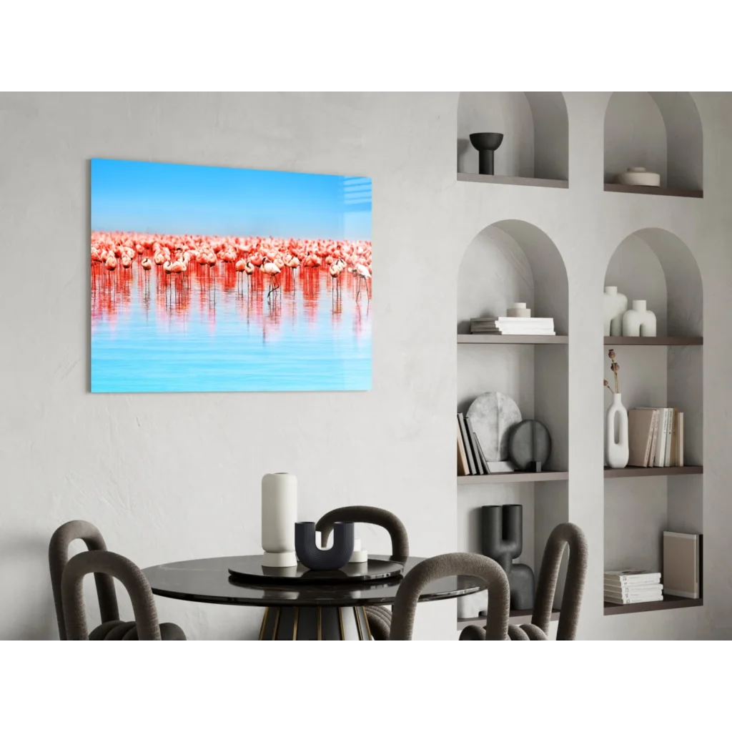 Pink flamingo flock wall art canvas with blue water reflections