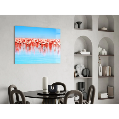 Pink flamingo flock wall art canvas with blue water reflections