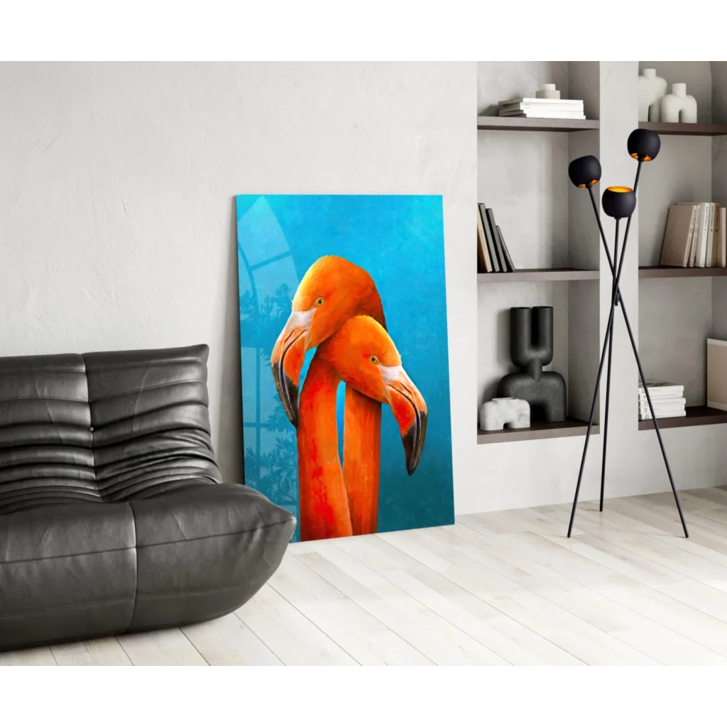 Stunning orange flamingo glass wall art on vibrant blue background